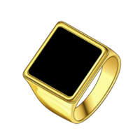 sleek gold ring with square black onyx stone, showcasing modern and elegant design. polished finish adds touch of luxury, making it stylish accessory for any occasion png