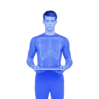 man in blue digital suit holds tablet displaying holographic anatomical diagram, showcasing futuristic technology and innovation. image conveys sense of advanced medical research png