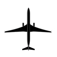 silhouette of large passenger airplane is shown from top down view, highlighting its wingspan and sleek design. image captures aircraft streamlined shape against plain background png