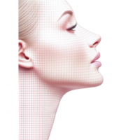 profile view of woman face with digital grid overlay highlights facial features and symmetry, suggesting concepts of beauty and technology. serene expression adds elegance png