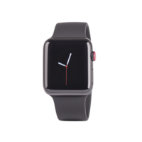 sleek black smartwatch with minimalist design, featuring square face and digital clock display. watch has smooth black band and red accent on side button png