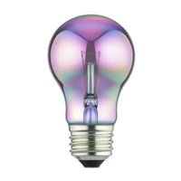 colorful iridescent light bulb with metallic base, reflecting spectrum of colors, symbolizes creativity and innovation. bulb unique design adds modern and artistic touch png