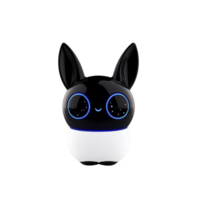 This features cute, futuristic robot with large ears and friendly expression, designed black and white with blue accents. robot design is sleek and modern, evoking sense of advanced technology png