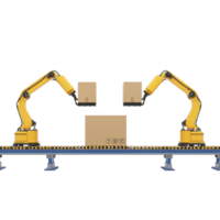 Two robotic arms on conveyor belt handle cardboard boxes, showcasing automation in industrial packaging. scene highlights efficiency and modern technology in logistics png