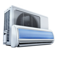 modern air conditioning unit with sleek design, featuring blue front panel and visible outdoor compressor. unit is designed for efficient cooling and energy saving performance png