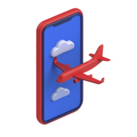 red airplane emerges from smartphone screen displaying clouds, symbolizing online travel booking and digital connectivity. 3D illustration conveys innovation and modern technology png