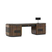 sleek, modern executive desk with dark wood finish and black accents, featuring multiple drawers and central workspace. design is elegant and functional, suitable for professional office setting png