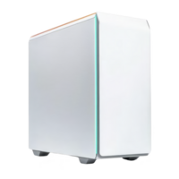 sleek white computer tower with minimalist design and subtle LED lighting, perfect for modern gaming or office setups. case features smooth finish and stands on small feet png