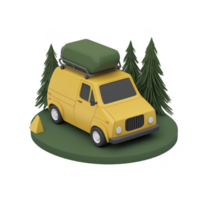 yellow camper van with roof box is parked on grassy area surrounded by pine trees, evoking sense of adventure and outdoor exploration png