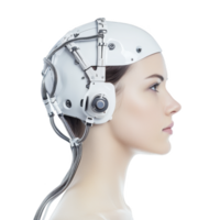 woman wearing futuristic white helmet with cables and mechanical components, symbolizing advanced technology and artificial intelligence. sleek design suggests innovation and modernity png