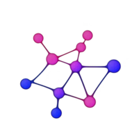colorful molecular structure illustration with interconnected spheres in pink and blue, representing atoms and bonds. design is abstract and scientific, evoking sense of innovation and complexity png