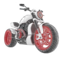 futuristic motorcycle design blends sleek white surfaces with intricate red wireframe elements, showcasing innovation and style. dynamic stance and detailed components highlight modern engineering png