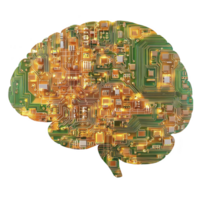 digital brain composed of intricate golden circuit patterns symbolizes fusion of technology and human intelligence, highlighting innovation and futuristic concepts png