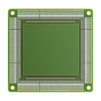 green microchip with square shape and gold connectors is shown, featuring intricate circuitry and central processing unit design. chip is isolated on transparency background png