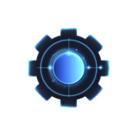 glowing blue gear icon with futuristic design, featuring central circular element and radial lines, evokes sense of technology and innovation. transparency background enhances its luminous effect png