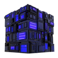 futuristic cube with glowing blue panels and intricate geometric patterns, evoking sense of advanced technology and innovation. structure appears complex and mysterious png