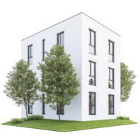 modern, minimalist white cube shaped building with large windows is surrounded by lush green grass and trees, creating serene and contemporary architectural design png