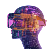 digital illustration of futuristic human head wearing virtual reality goggles, showcasing intricate circuit patterns and vibrant neon colors, symbolizing advanced technology and innovation png
