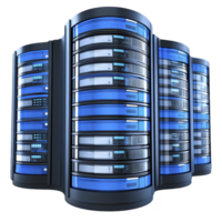 row of futuristic blue server racks with glowing lights, representing advanced technology and data storage solutions. sleek design and vibrant colors convey innovation and efficiency png