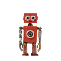 small, vintage style red robot with square head and body, featuring metallic springs for arms and legs, stands against plain background. Its design is charmingly retro png