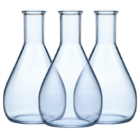 Three transparent glass flasks are arranged in row, showcasing their smooth, curved design. clear glass reflects light, creating clean and scientific aesthetic png