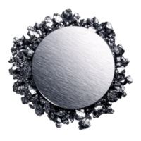round, metallic object with brushed texture is surrounded by rough, rocky border, creating striking contrast. central circle smooth surface reflects light, enhancing its sleek appearance png