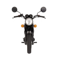 classic motorcycle with round headlight and side mirrors is shown from front view, highlighting its vintage design and sleek black finish. handlebars and indicators add to its retro appeal png