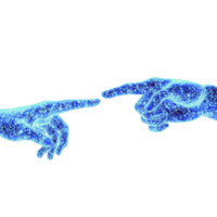 Two glowing digital hands reaching towards each other, symbolizing connection and technology. hands are composed of blue, luminous lines and dots, creating futuristic and abstract appearance png