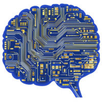 digital illustration of brain shaped circuit board, symbolizing artificial intelligence and technology. intricate design features gold and white lines blue background, representing connectivity png