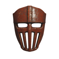weathered, rusty medieval helmet with vertical slits for vision, evoking sense of ancient battles and history. metal surface shows signs of age and wear, adding to its authenticity png