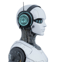 futuristic humanoid robot with sleek white armor and intricate circuitry is depicted in side profile. robot features glowing blue circular interface on its head, suggesting advanced technology png