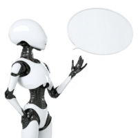 sleek humanoid robot with futuristic design stands with outstretched hand, holding blank speech bubble. robot smooth, white surface and black accents give it modern appearance png