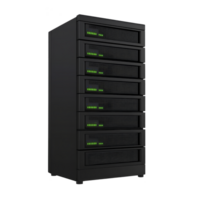 tall, black server rack with multiple units and glowing green indicator lights, suggesting active data processing and storage capabilities. sleek design conveys modern and efficient technology png