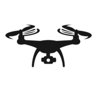 silhouette of quadcopter drone with four propellers and camera underneath, isolated on transparency background. image highlights drone sleek design and technological features png