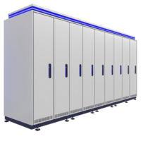 row of modern server cabinets with sleek design and blue LED lights, used for data storage and network management in technology environment png
