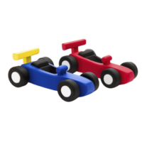 Two colorful wooden toy race cars, one blue with yellow spoiler and other red with red spoiler, are placed side by side. cars have simple, playful design with black wheels png