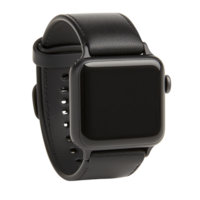 sleek black smartwatch with leather strap, featuring square face and minimalist design, perfect for modern tech enthusiasts png
