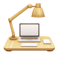 wooden desk setup features laptop, desk lamp, and notepad, creating cozy and organized workspace. natural wood texture adds warmth and simplicity to design png