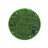 round green circuit board with intricate pathways and components, showcasing complexity of electronic design. board features various solder points and small integrated circuit png