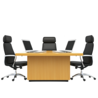 modern office setup featuring wooden conference table surrounded by three black ergonomic chairs, each with laptop open, creating professional and collaborative workspace png
