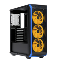 lustroso Preto computador caso com vibrante amarelo fãs e azul acentos, projetado para ótimo fluxo de ar e moderno estética. ideal para jogos configurações e tecnologia entusiastas png