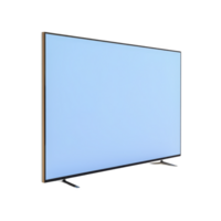 sleek, modern flat screen television with minimalist design and thin bezels, standing on two metal legs. screen is blank, displaying light blue color, emphasizing its contemporary style png