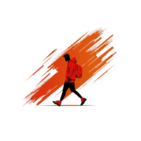 silhouette of person walking with red hoodie and backpack is set against dynamic, abstract orange background, conveying sense of movement and energy png
