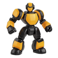 powerful yellow and black robot stands confidently, showcasing its futuristic design and strong build. robot sleek armor and dynamic pose suggest readiness for action png