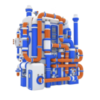 complex industrial machine with interconnected blue and orange pipes, valves, and gauges, showcasing futuristic design. structure appears robust and intricate, suggesting advanced engineering png