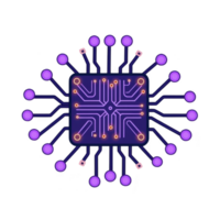 glowing purple circuit board design with interconnected lines and nodes, resembling microchip, symbolizes technology and innovation. vibrant colors and intricate patterns create futuristic feel png