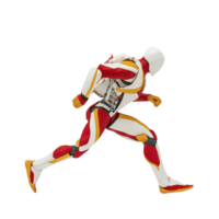 futuristic humanoid robot in dynamic running pose, wearing sleek red and white suit with high tech backpack, showcasing advanced technology and innovation png