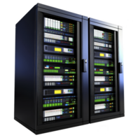 pair of sleek, modern server racks filled with colorful network equipment and blinking lights, representing advanced data storage and processing capabilities png