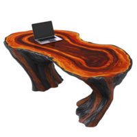 unique wooden table with vibrant, swirling grain pattern and laptop on top creates striking visual contrast. table organic shape and rich colors add touch of nature inspired elegance to any space png