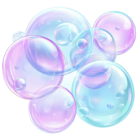Colorful translucent soap bubbles with mix of pink, blue, and purple hues create whimsical and playful atmosphere. bubbles overlap, showcasing their delicate and iridescent nature png